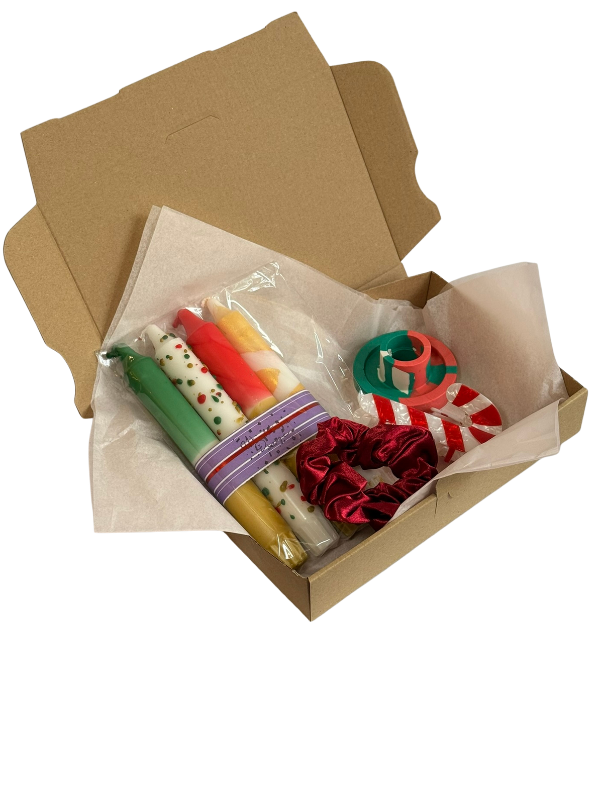 Geschenkset „Weihnachten“ – Stabkerzen, Kerzenständer & Haarklammer