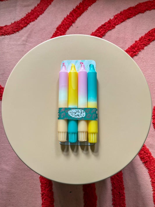 Neon Dip Dye Kerzen 4er Set Pastell Rosa Beige Gelb Blau - Handgefärbt Premium Dekoration WichtigeDinge
