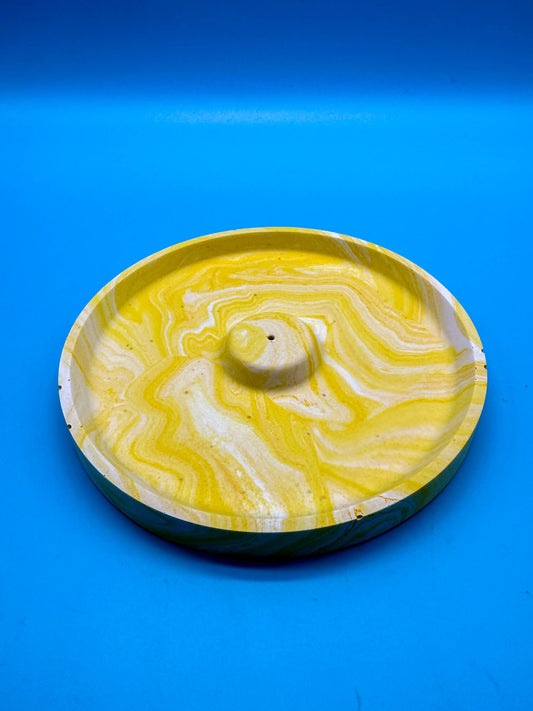 Räucherstäbchenhalter Rund Gelb Marble Look - Handgefertigt aus Jesmonite | Designer Deko WichtigeDinge