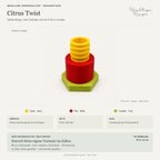 Modularer Kerzenhalter Designstudie – 3D-Kerzenständer modular – Citrus Twist: Gelb, Rot und Limette, drei Modulformen und Hinweis auf eigene Varianten im Kerzenhalter-Editor.