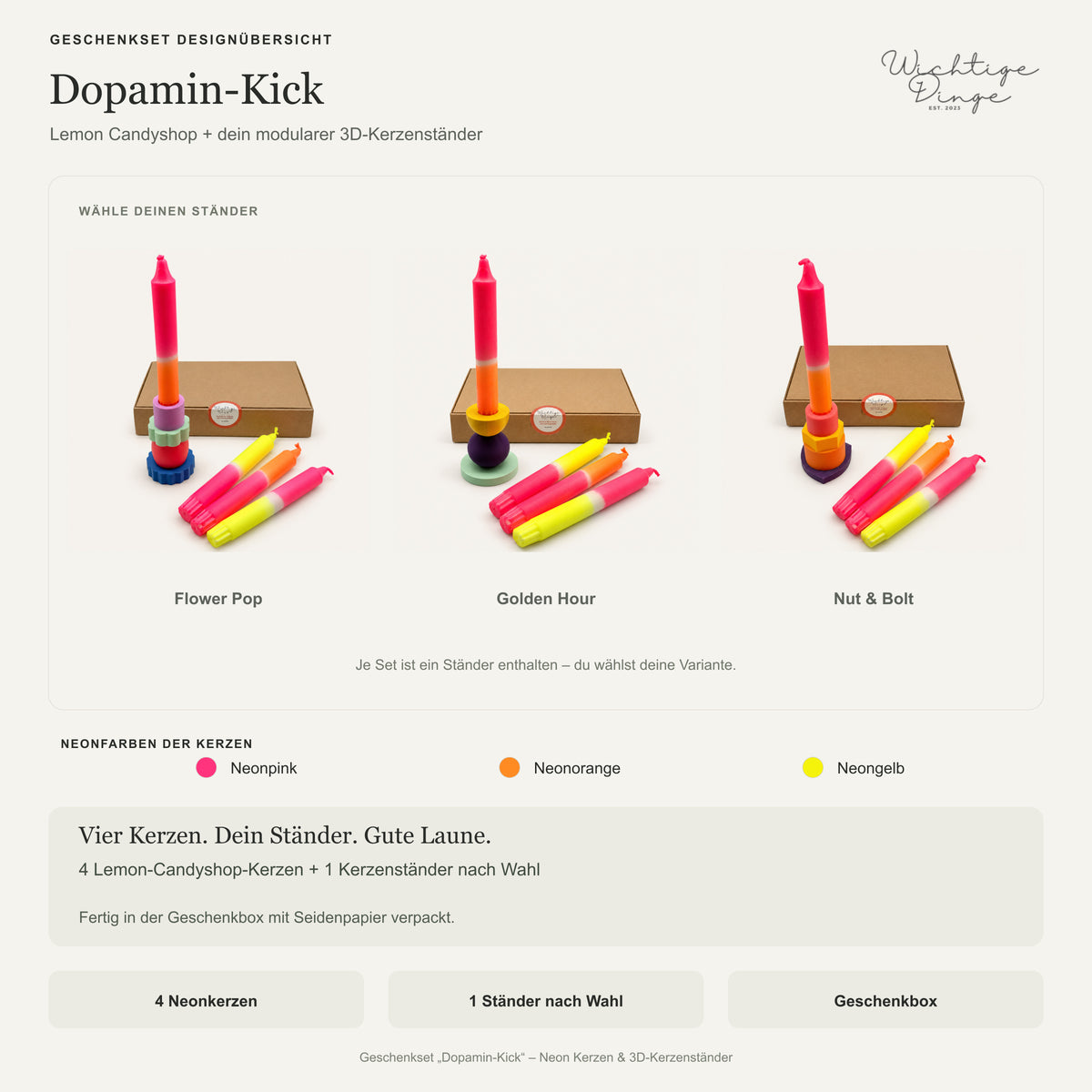 Designübersicht Geschenkset Dopamin-Kick: vier Lemon-Candyshop-Neonkerzen und ein modularer Kerzenständer nach Wahl – Flower Pop, Golden Hour oder Nut & Bolt, inklusive Geschenkbox.