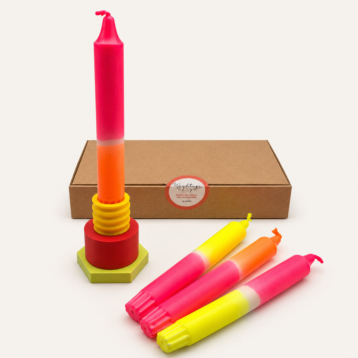 Geschenkset Dopamin-Kick mit 3D-Ständer Citrus Twist (Gelb, Rot, Limette), vier Lemon-Candyshop-Neonkerzen und Geschenkbox