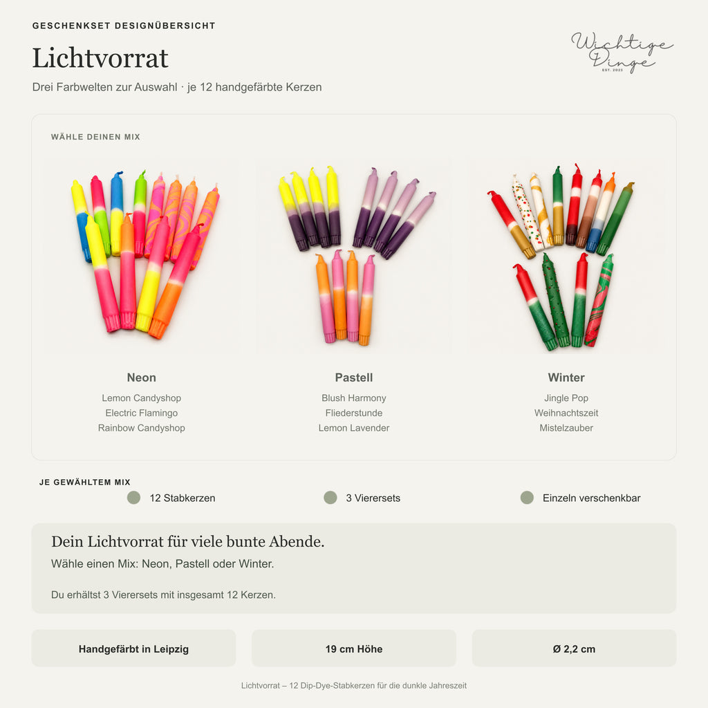 Lichtvorrat – Designübersicht aller drei wählbaren Mixe: Neon, Pastell und Winter. Je Auswahl drei Vierersets mit insgesamt zwölf Kerzen; Fotos und enthaltene Setnamen.