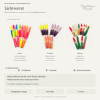 Lichtvorrat – Designübersicht aller drei wählbaren Mixe: Neon, Pastell und Winter. Je Auswahl drei Vierersets mit insgesamt zwölf Kerzen; Fotos und enthaltene Setnamen.