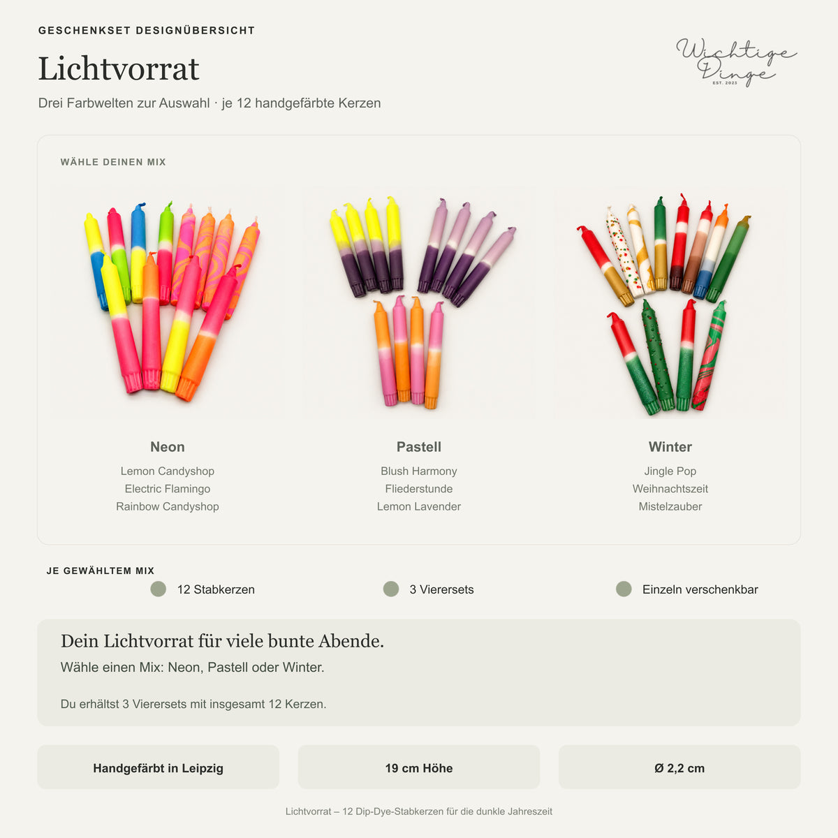 Lichtvorrat – Designübersicht aller drei wählbaren Mixe: Neon, Pastell und Winter. Je Auswahl drei Vierersets mit insgesamt zwölf Kerzen; Fotos und enthaltene Setnamen.