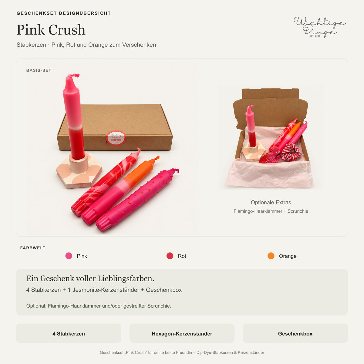 Geschenkset Pink Crush mit Stabkerzen – Designübersicht: vier Pink-Crush-Stabkerzen, ein Jesmonite-Hexagon-Kerzenständer und Geschenkbox; Flamingo-Haarklammer und Scrunchie optional