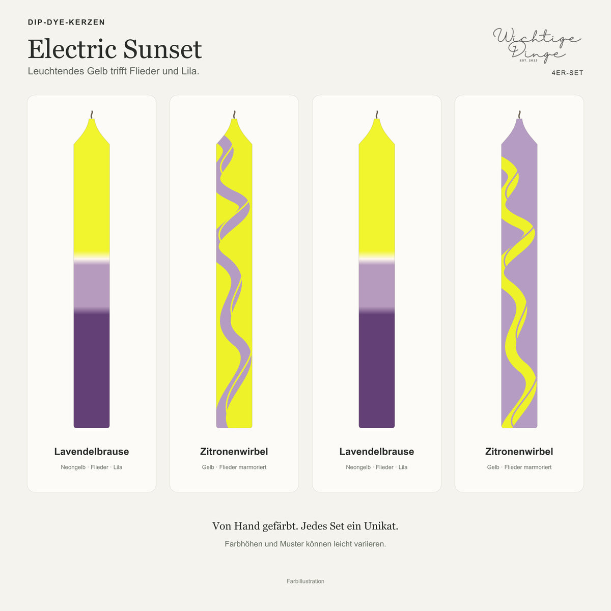 Electric Sunset – Kundenübersicht: Lavendelbrause, Zitronenwirbel, Lavendelbrause, Zitronenwirbel; Reihenfolge wie im Hauptfoto