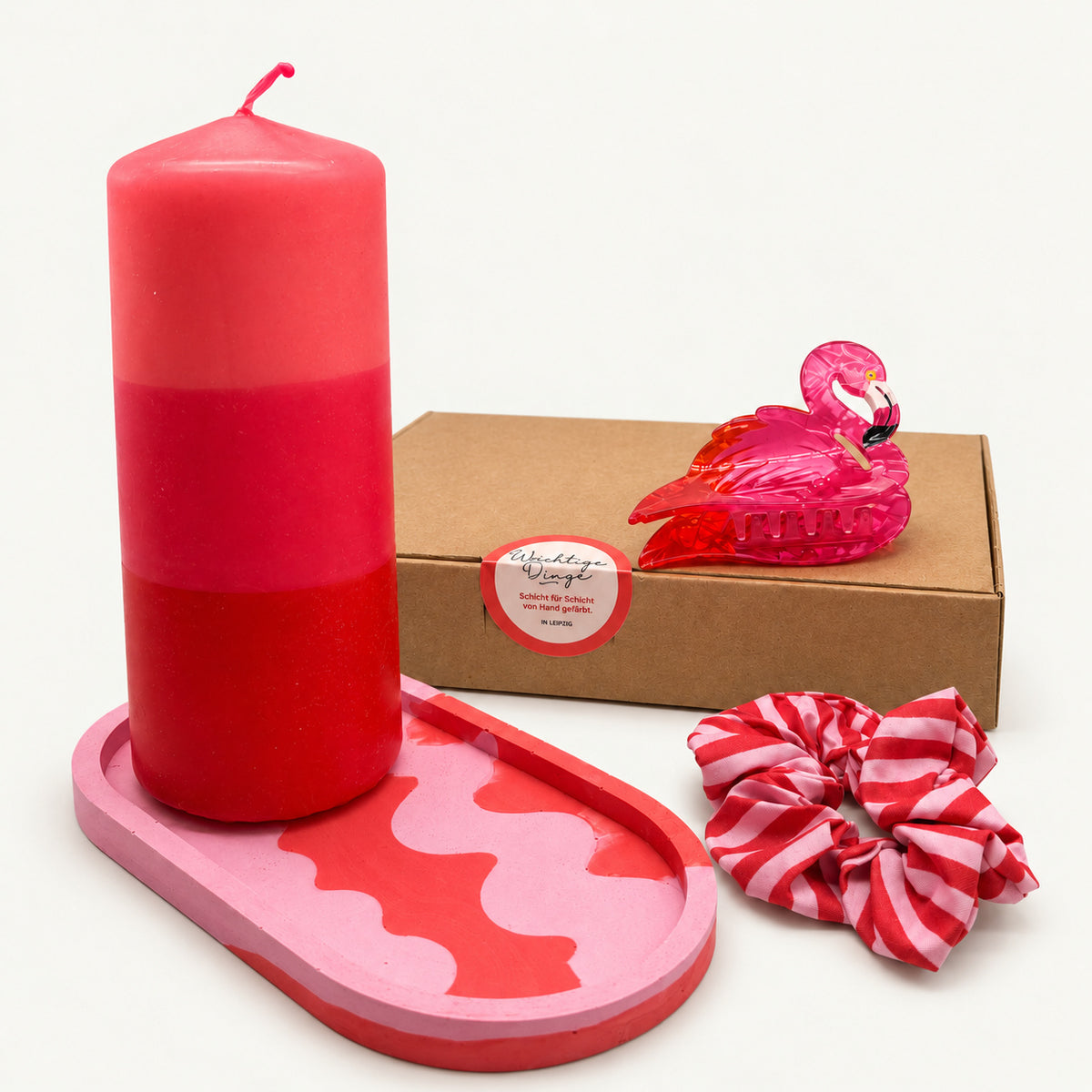 Geschenkset Pink Crush mit Flamingo-Haarklammer und gestreiftem Scrunchie