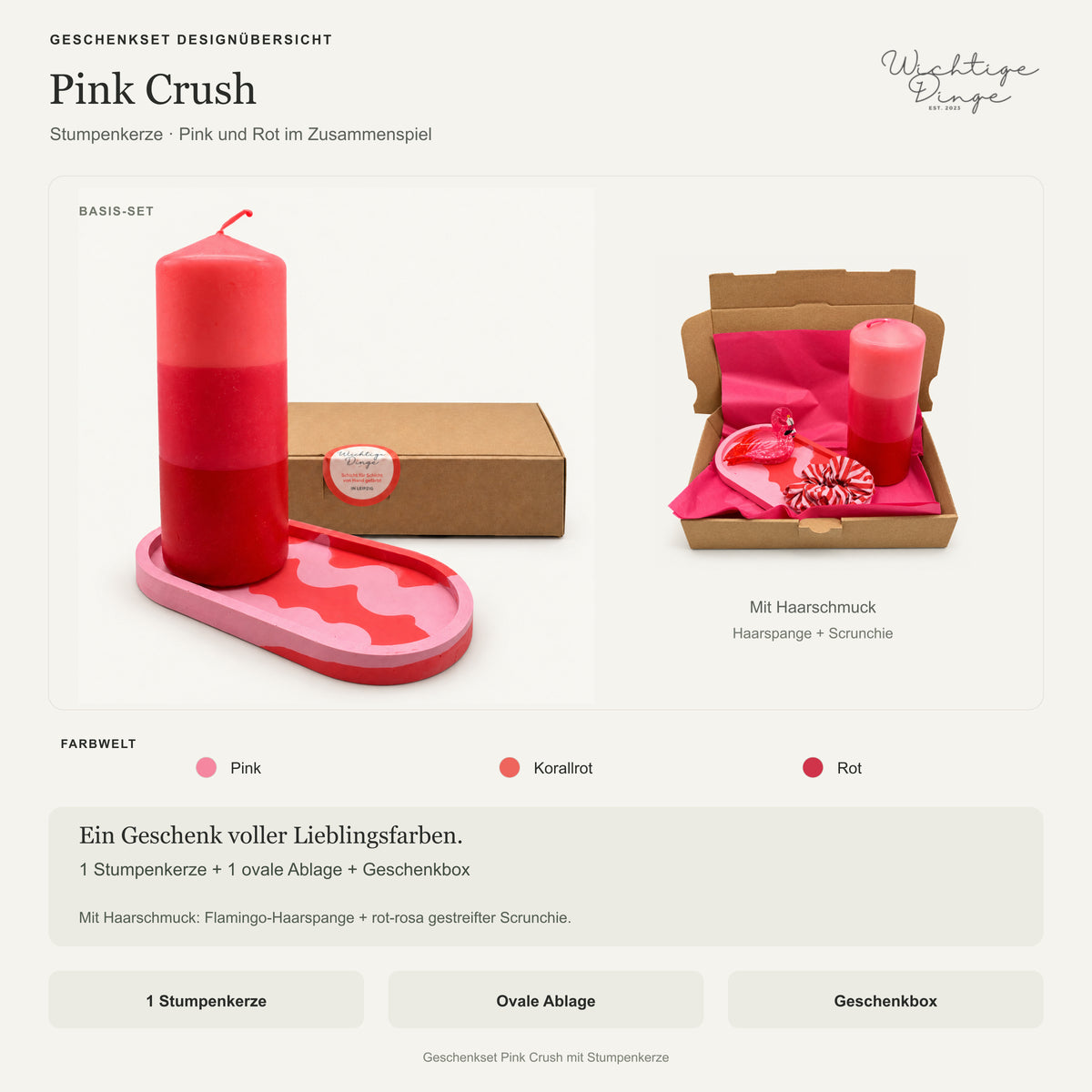 Übersicht Geschenkset Pink Crush: Stumpenkerze, ovale Ablage und Geschenkbox, optional mit Flamingo-Haarspange und Scrunchie