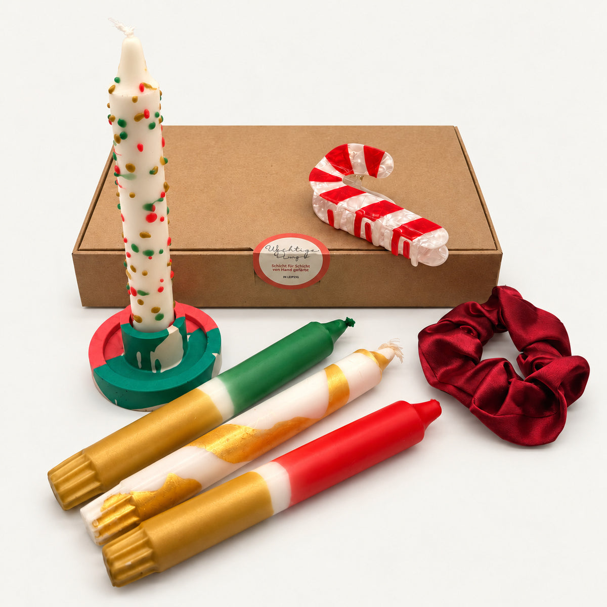 Geschenkset Weihnachtstisch mit Haarklammer Zuckerstange und Scrunchie in Bordeaux