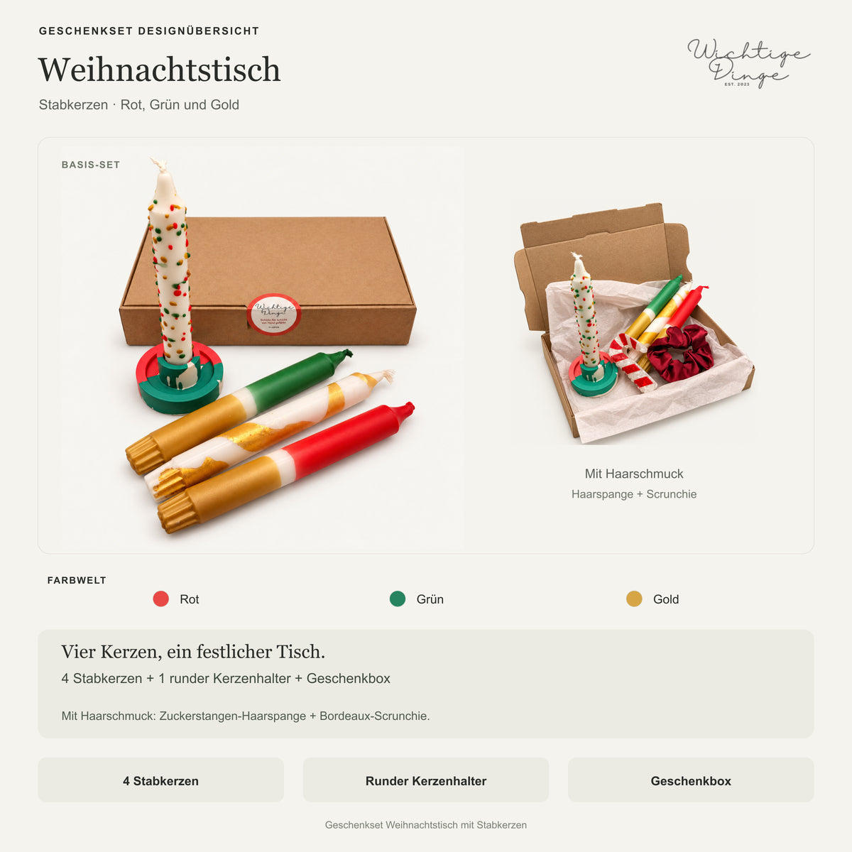 Übersicht Geschenkset Weihnachtstisch: 4 Stabkerzen, runder Kerzenhalter und Geschenkbox, optional mit Haarspange und Scrunchie