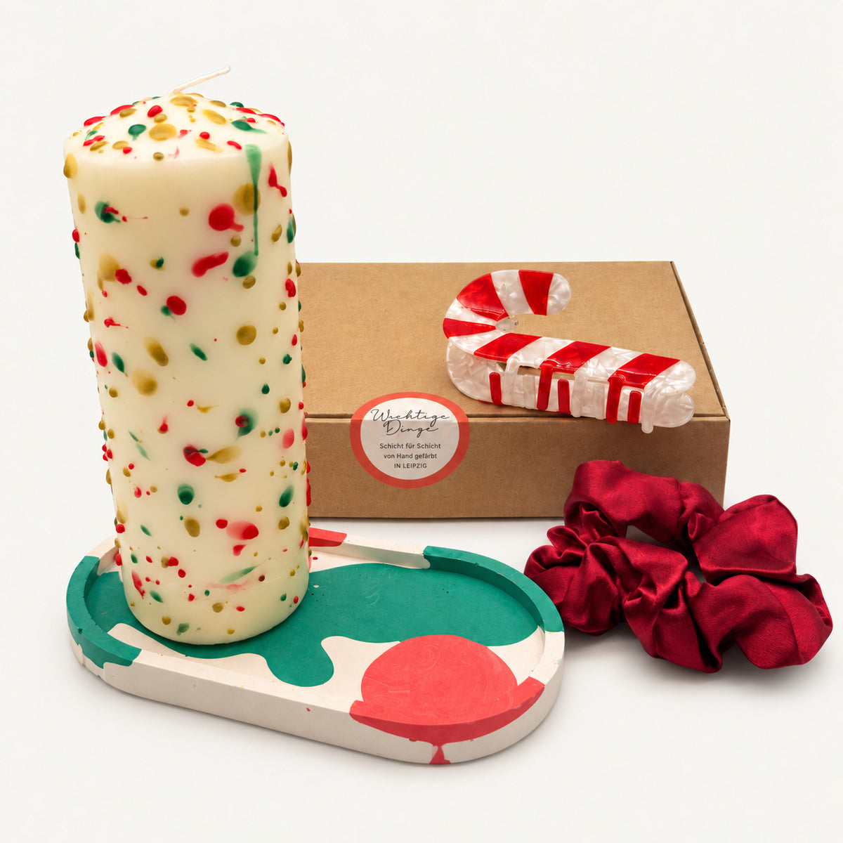 Geschenkset Weihnachtstisch Stumpe mit Haarklammer Zuckerstange und Scrunchie in Bordeaux