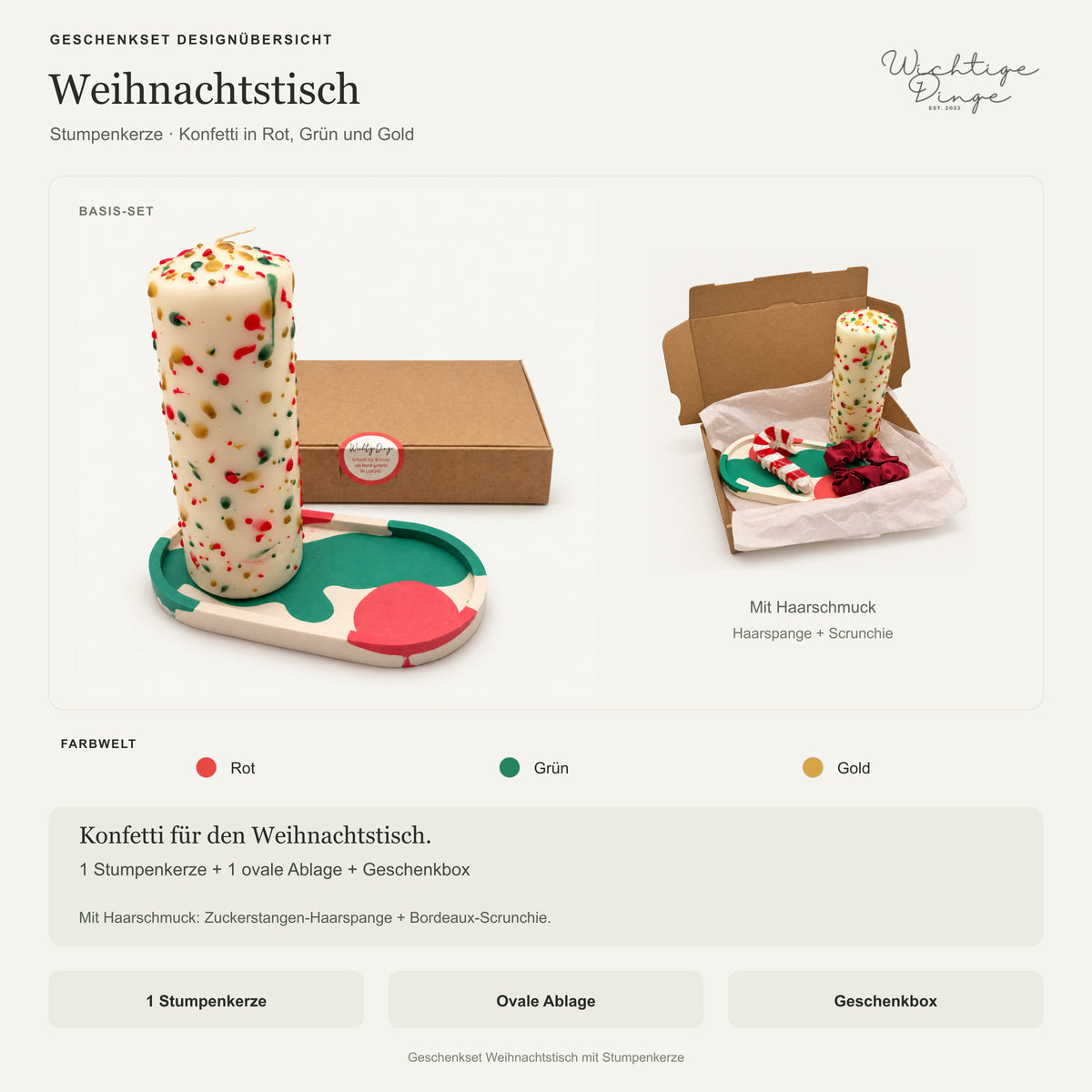 Übersicht Geschenkset Weihnachtstisch: Stumpenkerze, ovale Ablage und Geschenkbox, optional mit Haarspange und Scrunchie
