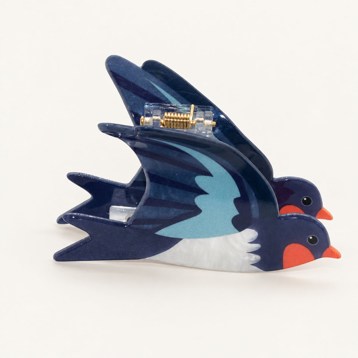 Haarklammer – Blauer Singvogel – Ansicht 1 · freigestellt auf neutralem Hintergrund