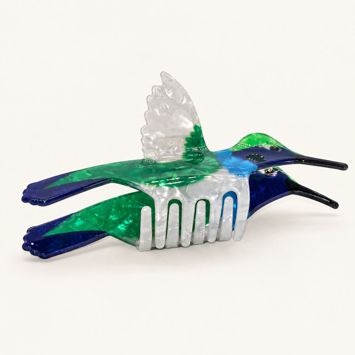 Haarklammer – Blauer Kolibri – Ansicht 3 · freigestellt auf neutralem Hintergrund