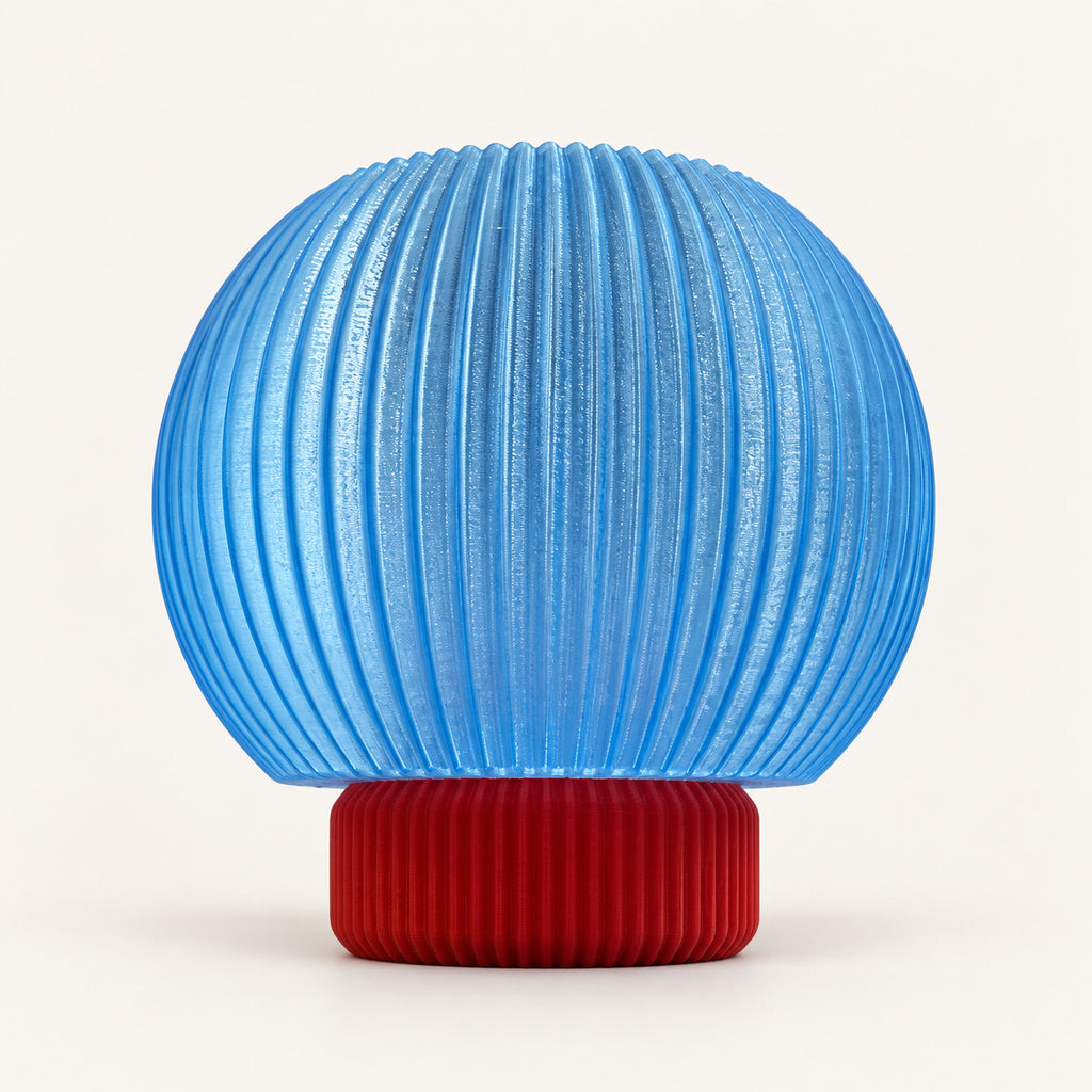 3D-Druck LED-Teelicht-Lampe – Blauer runder Schirm & roter Fuß – Produktfoto 3 · neutraler Hintergrund