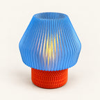 3D-Druck LED-Teelicht-Lampe – Blauer Schirm & roter Fuß – Produktfoto 1 · neutraler Hintergrund