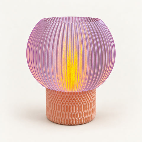 3D-Druck LED-Teelicht-Lampe – Runder lila Schirm & Apricot Fuß – Produktfoto 1 · neutraler Hintergrund