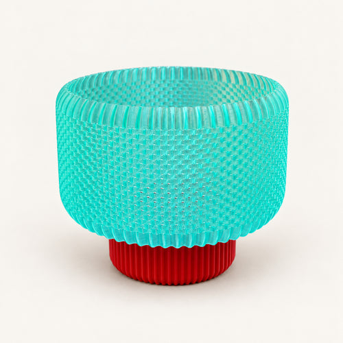 3D-Druck LED-Teelicht-Lampe – Grüner Schirm & roter Fuß – Produktfoto 1 · neutraler Hintergrund