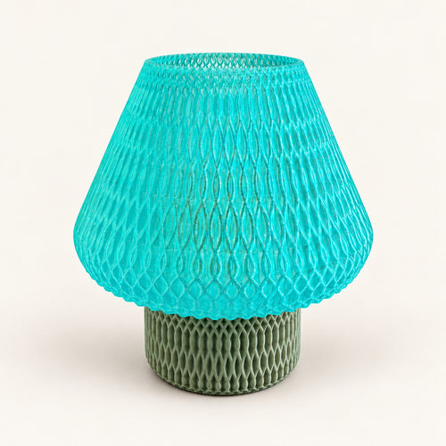 3D-Druck LED-Teelicht-Lampe – Grüner Schirm & grüner Fuß – Produktfoto 1 · neutraler Hintergrund