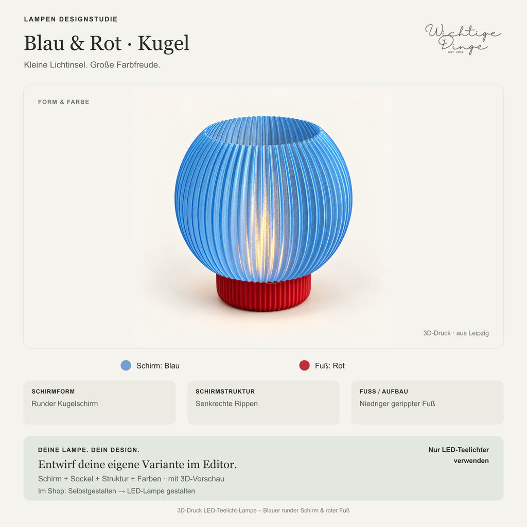 Lampen Designstudie – 3D-Druck LED-Teelicht-Lampe – Blauer runder Schirm & roter Fuß