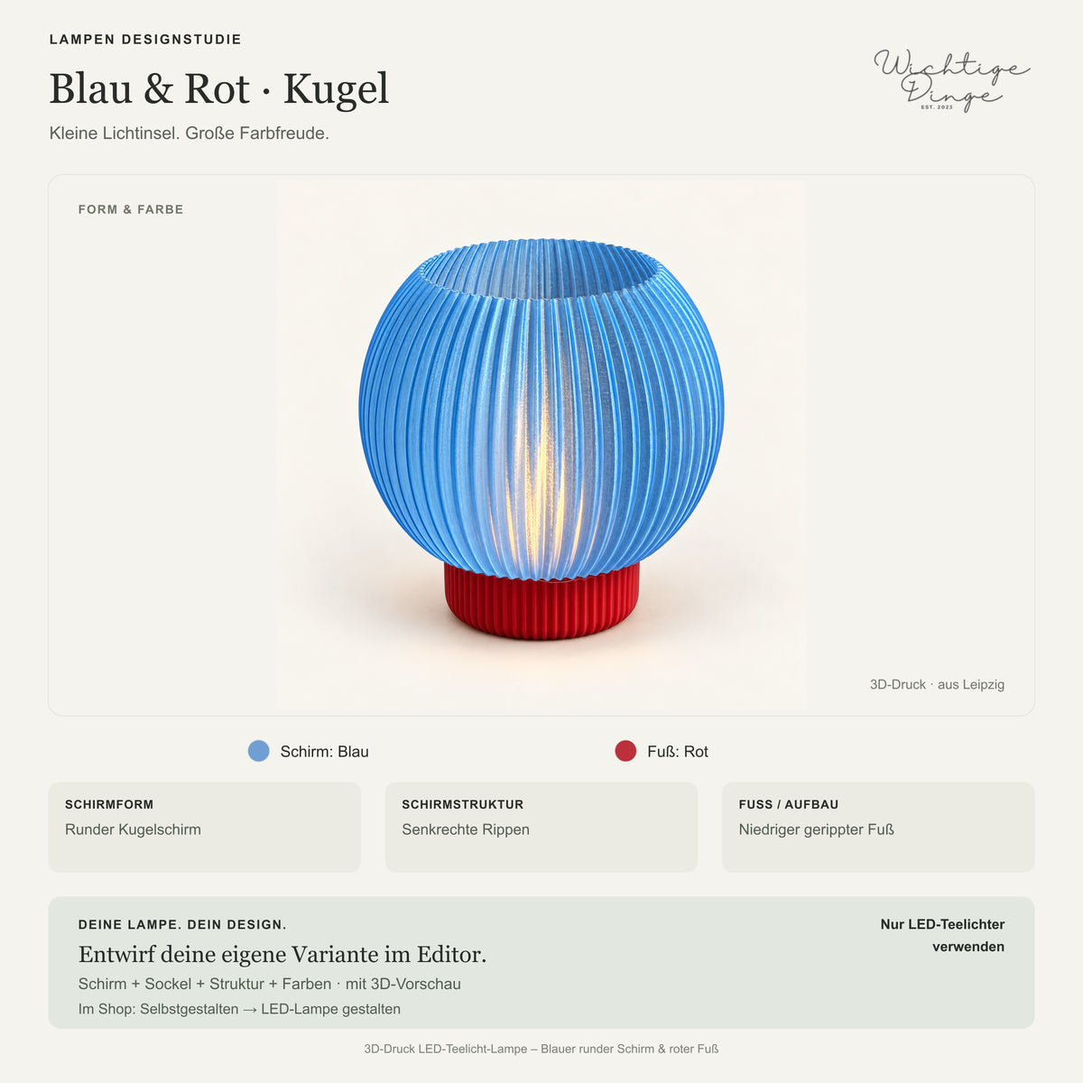 Lampen Designstudie – 3D-Druck LED-Teelicht-Lampe – Blauer runder Schirm & roter Fuß