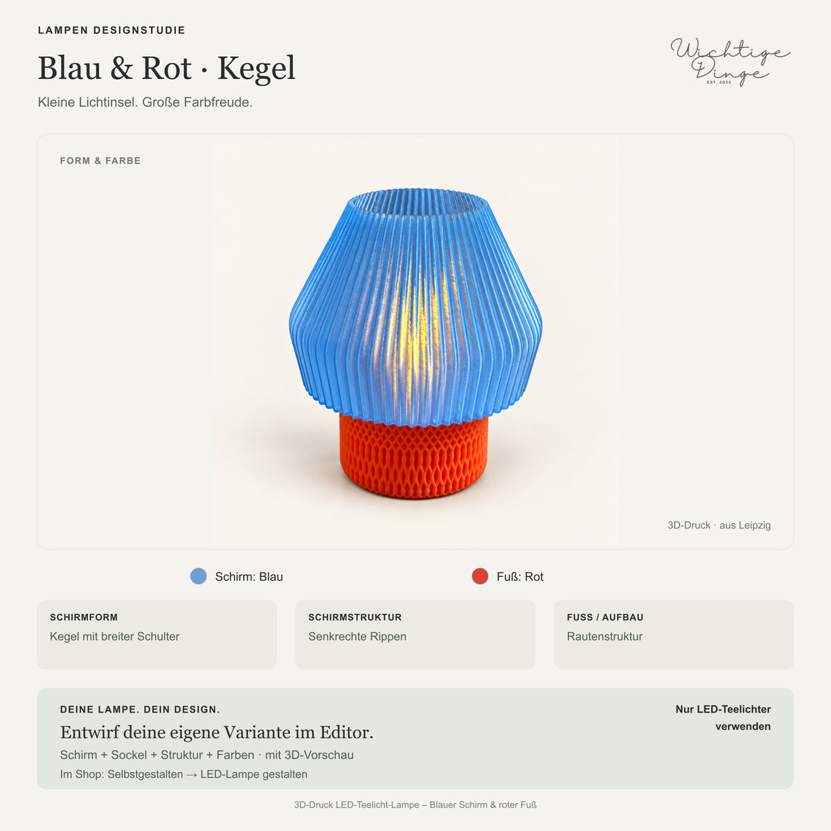 Lampen Designstudie – 3D-Druck LED-Teelicht-Lampe – Blauer Schirm & roter Fuß