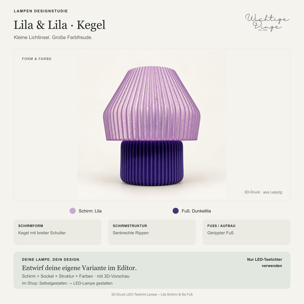 Lampen Designstudie – 3D-Druck LED-Teelicht-Lampe – Lila Schirm & lila Fuß
