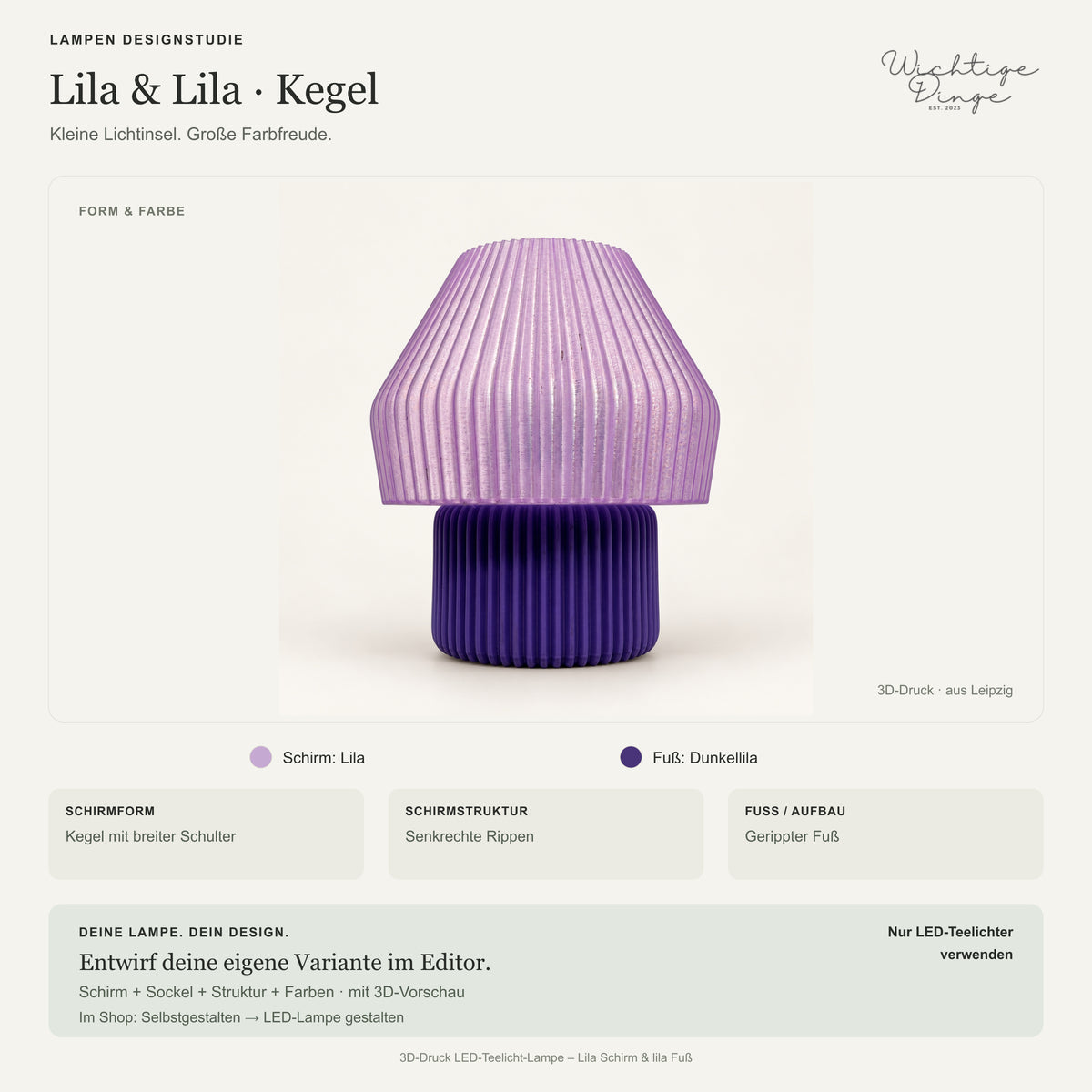 Lampen Designstudie – 3D-Druck LED-Teelicht-Lampe – Lila Schirm & lila Fuß