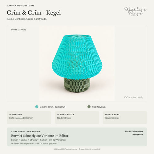 Lampen Designstudie – 3D-Druck LED-Teelicht-Lampe – Grüner Schirm & grüner Fuß