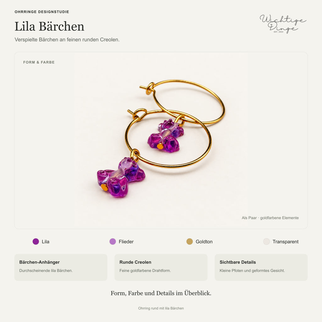 Ohrringe Designstudie – Ohrring rund mit lila Bärchen · Farben, Form und Details