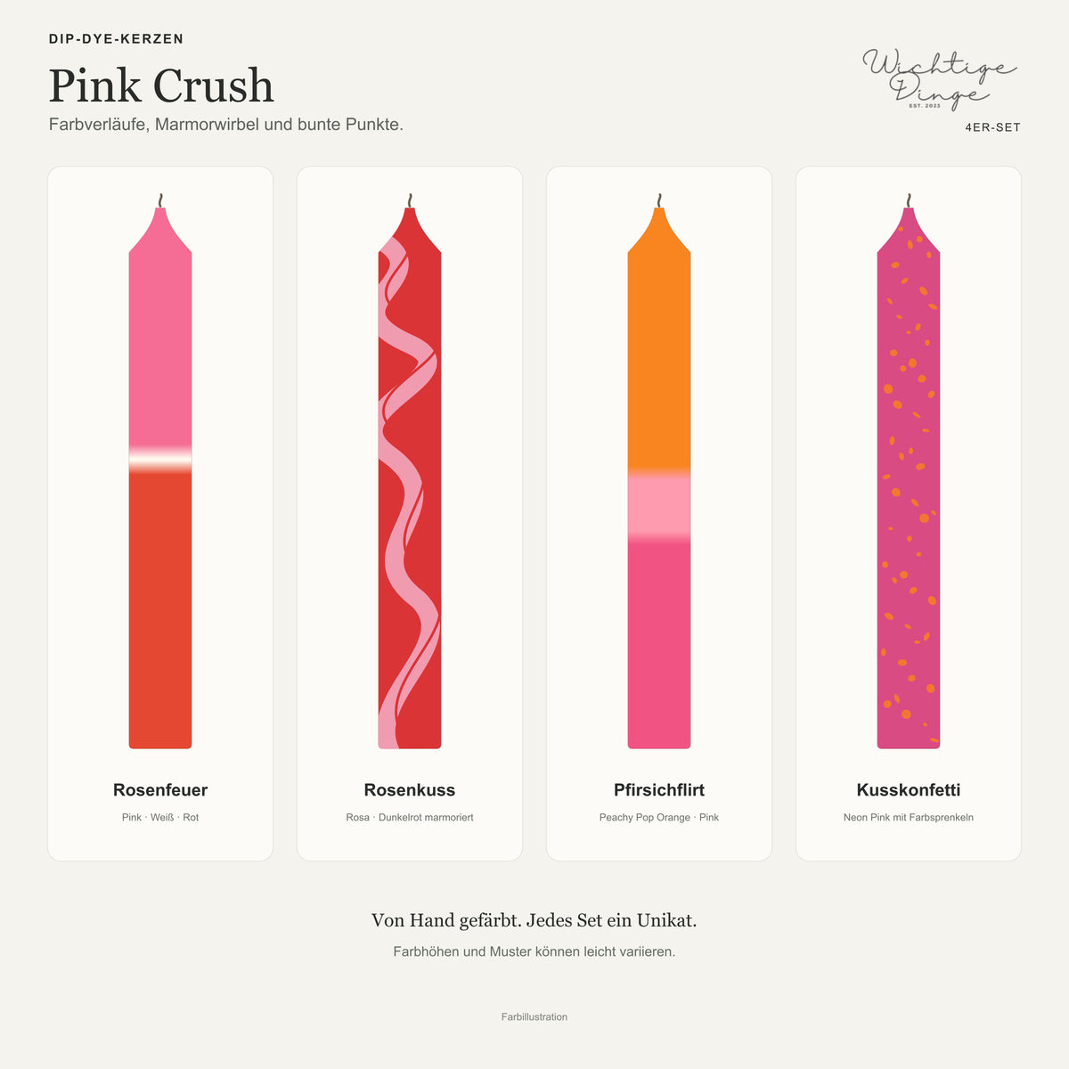 Pink Crush – Kundenübersicht: Rosenfeuer, Rosenkuss, Pfirsichflirt, Kusskonfetti; Reihenfolge wie im Hauptfoto