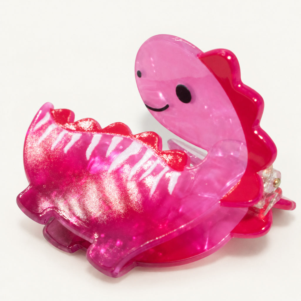 Haarklammer – Rosa Dino – Ansicht 2 · freigestellt auf neutralem Hintergrund