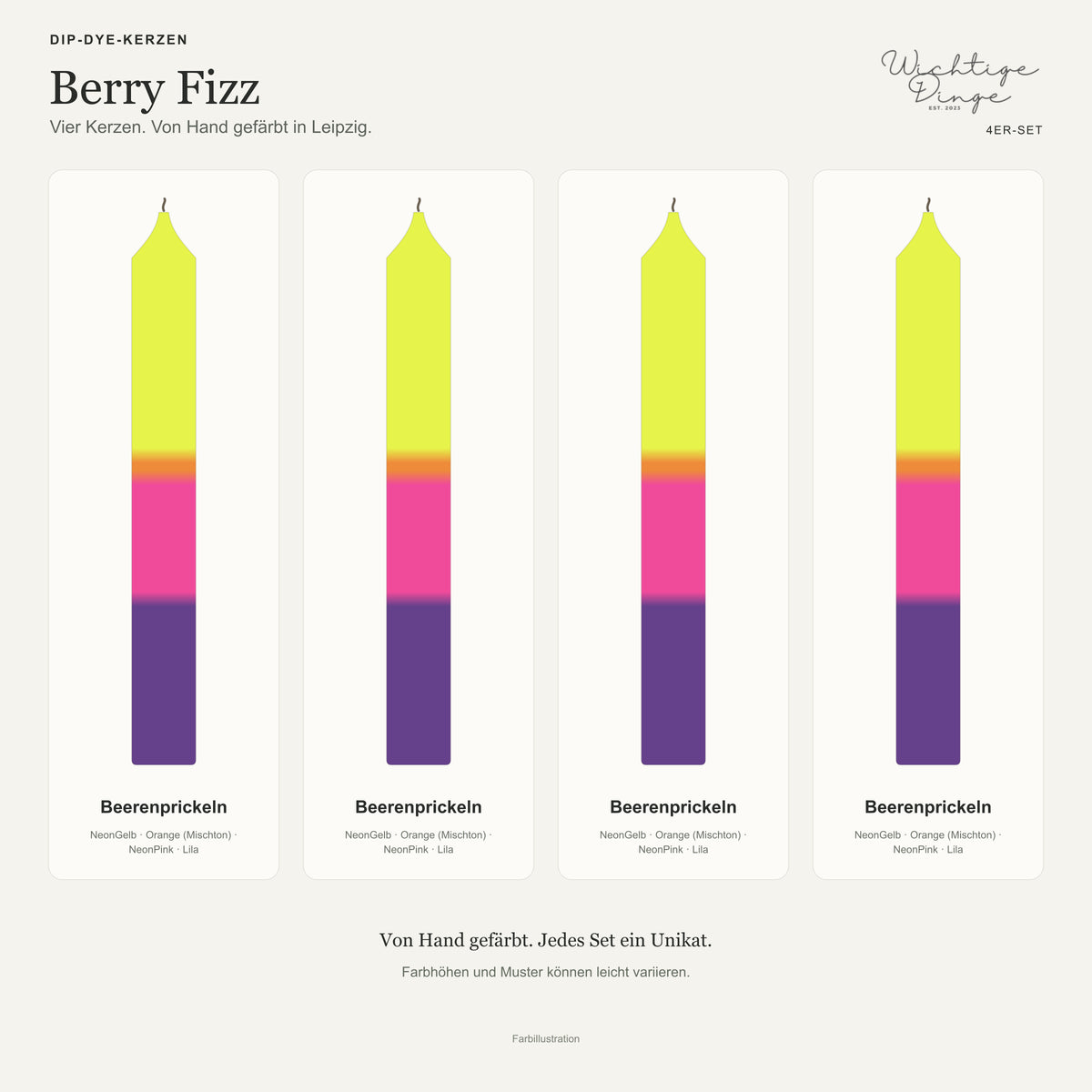 Berry Fizz – Übersicht der vier handgefärbten Kerzen mit ihren Namen