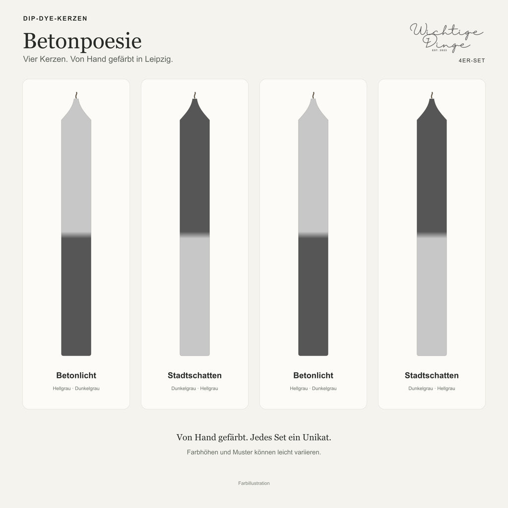 Betonpoesie – Kundenübersicht mit Logo und Namen der vier Kerzen