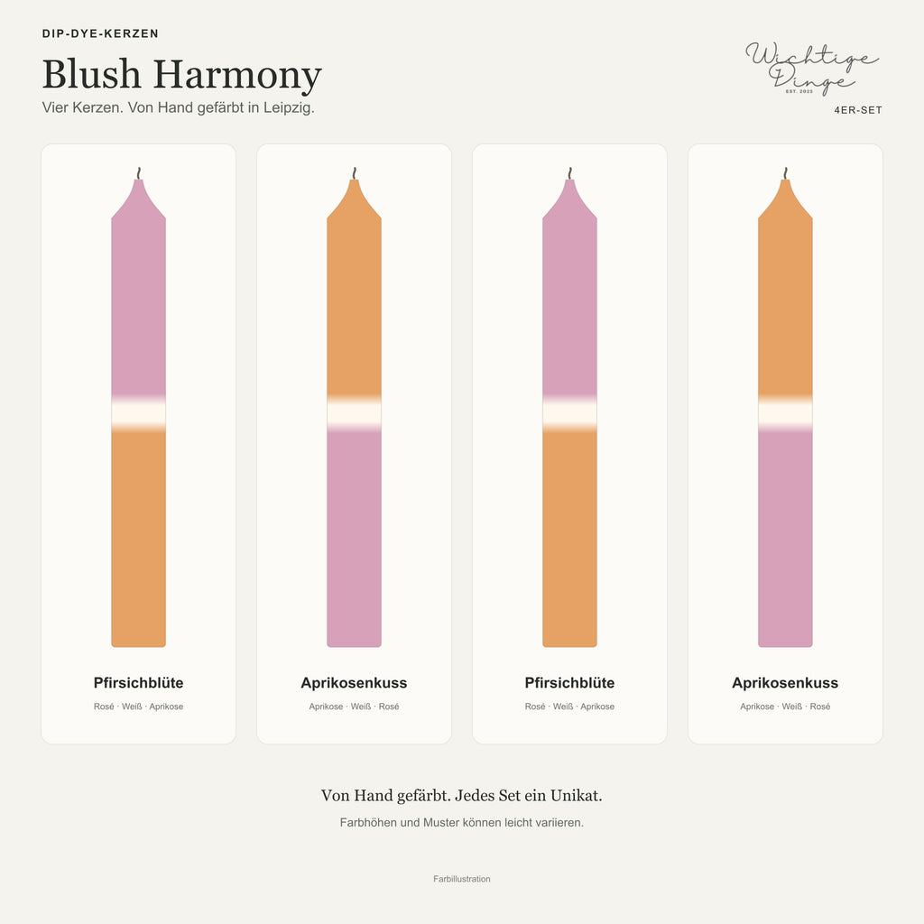 Blush Harmony – Übersicht der vier handgefärbten Kerzen mit ihren Namen