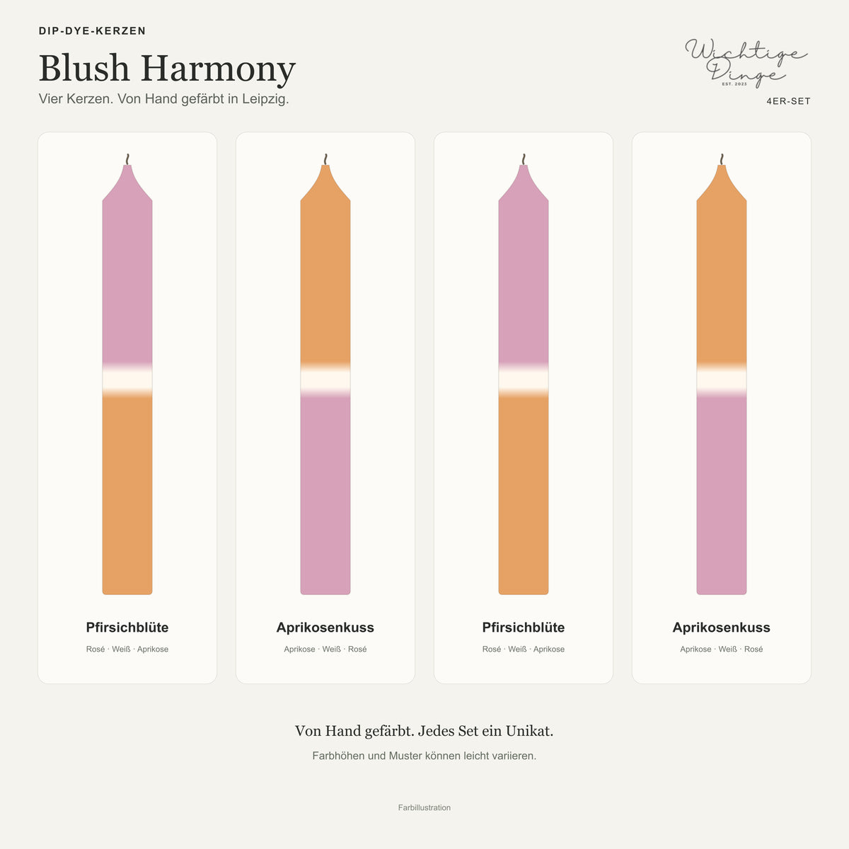 Blush Harmony – Übersicht der vier handgefärbten Kerzen mit ihren Namen