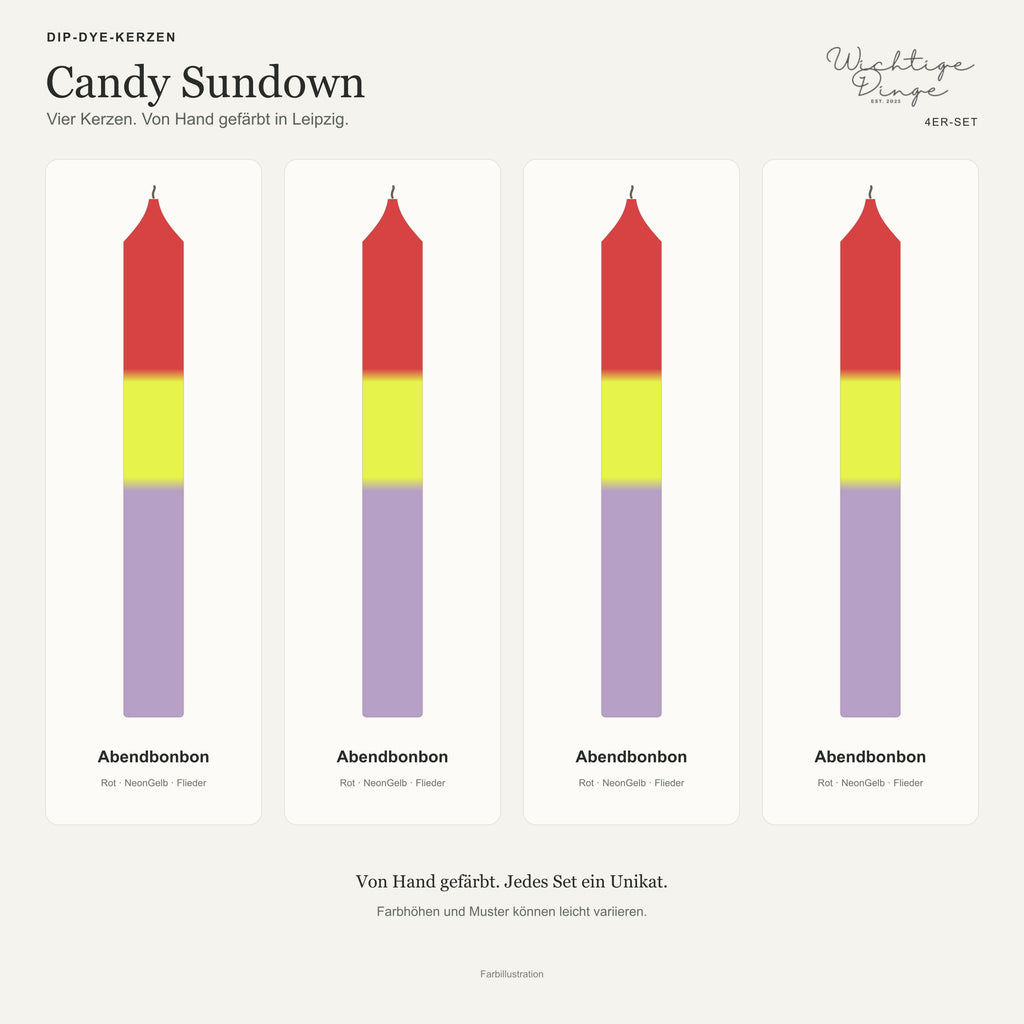 Candy Sundown – Übersicht der vier handgefärbten Kerzen mit ihren Namen
