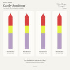 Candy Sundown – Übersicht der vier handgefärbten Kerzen mit ihren Namen
