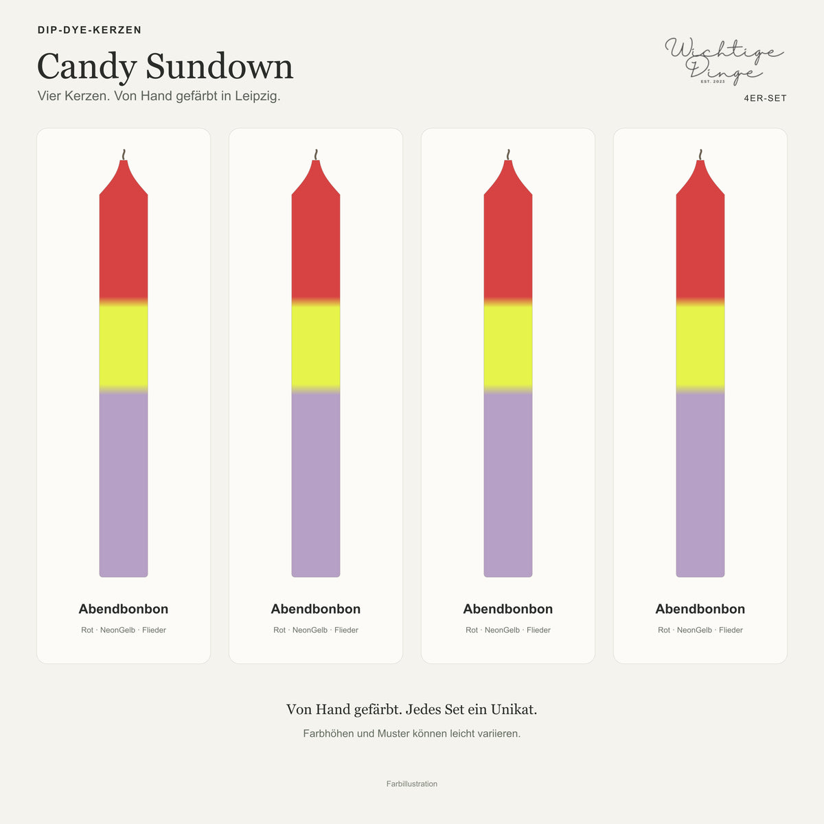 Candy Sundown – Übersicht der vier handgefärbten Kerzen mit ihren Namen