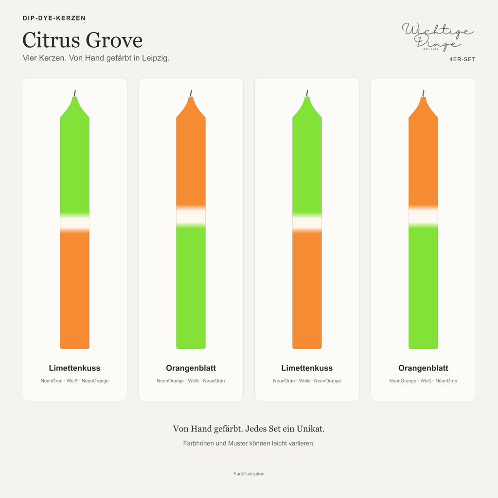 Citrus Grove – Übersicht der vier handgefärbten Kerzen mit ihren Namen