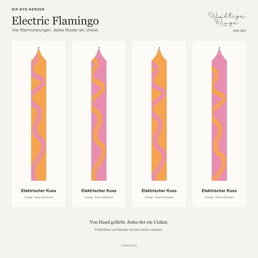 Electric Flamingo – Übersicht der vier handgefärbten Kerzen mit ihren Namen