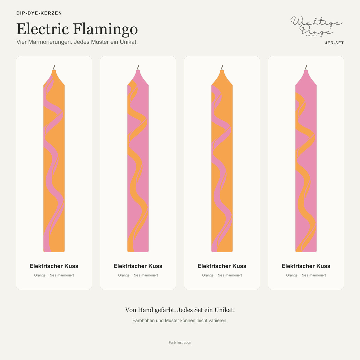 Electric Flamingo – Übersicht der vier handgefärbten Kerzen mit ihren Namen