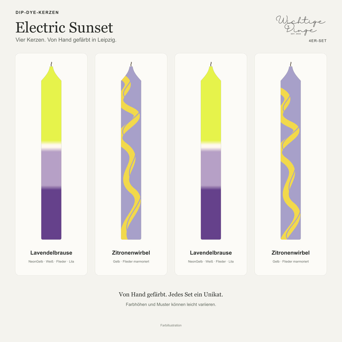 Electric Sunset – Übersicht der vier handgefärbten Kerzen mit ihren Namen