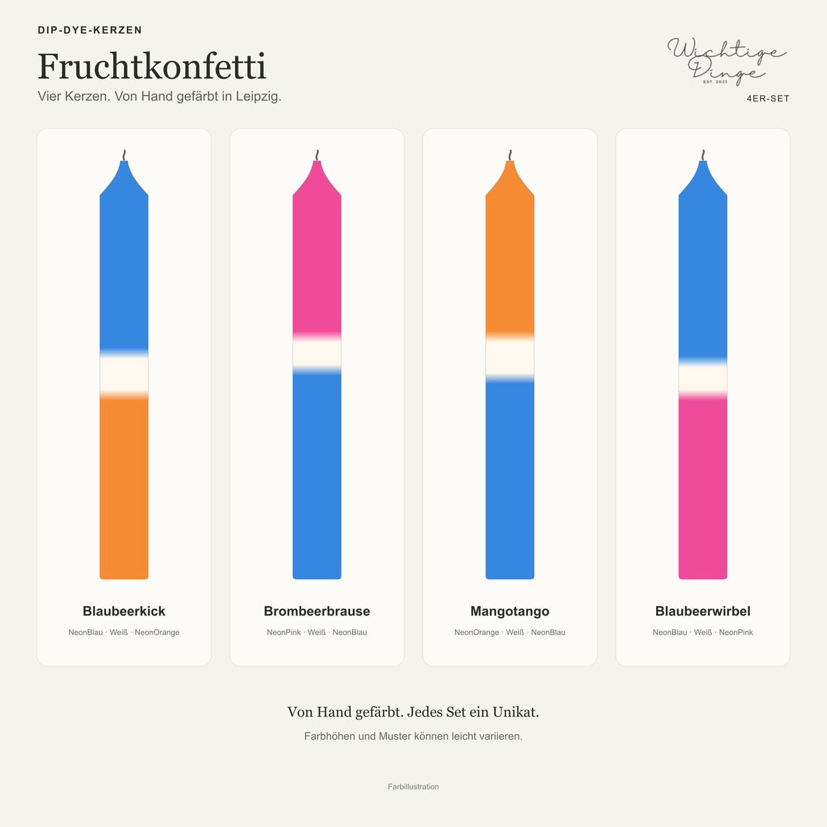Fruchtkonfetti – Übersicht der vier handgefärbten Kerzen mit ihren Namen