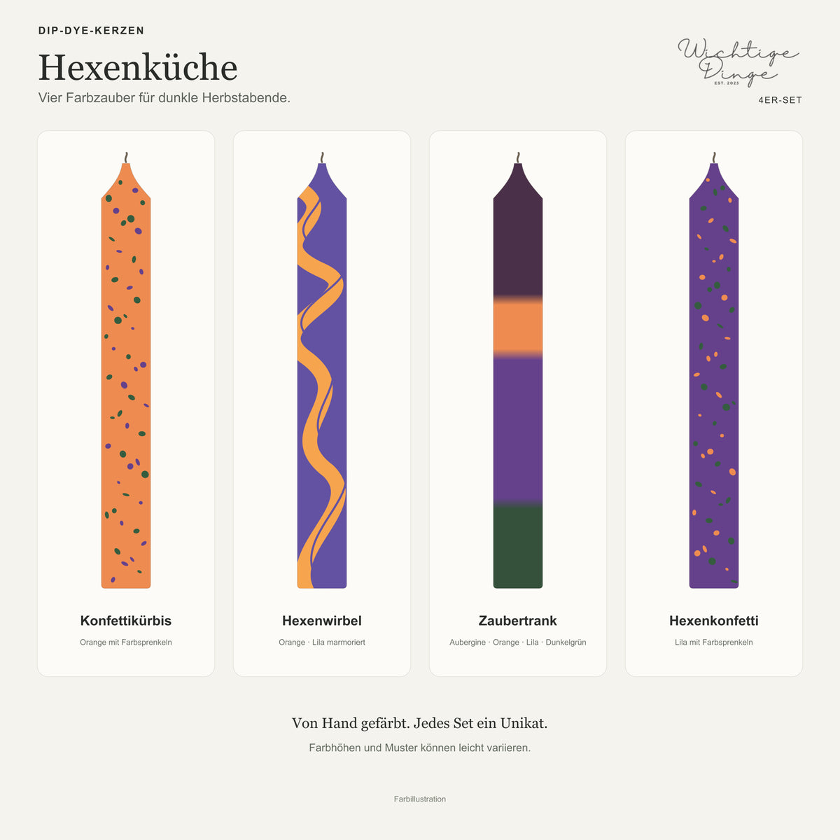 Hexenküche – Kundenübersicht mit Logo und Namen der vier Kerzen
