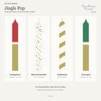 Jingle Pop – Designübersicht in der Reihenfolge Festtagskuss, Weihnachtskonfetti, Goldgirlande und Tannengold