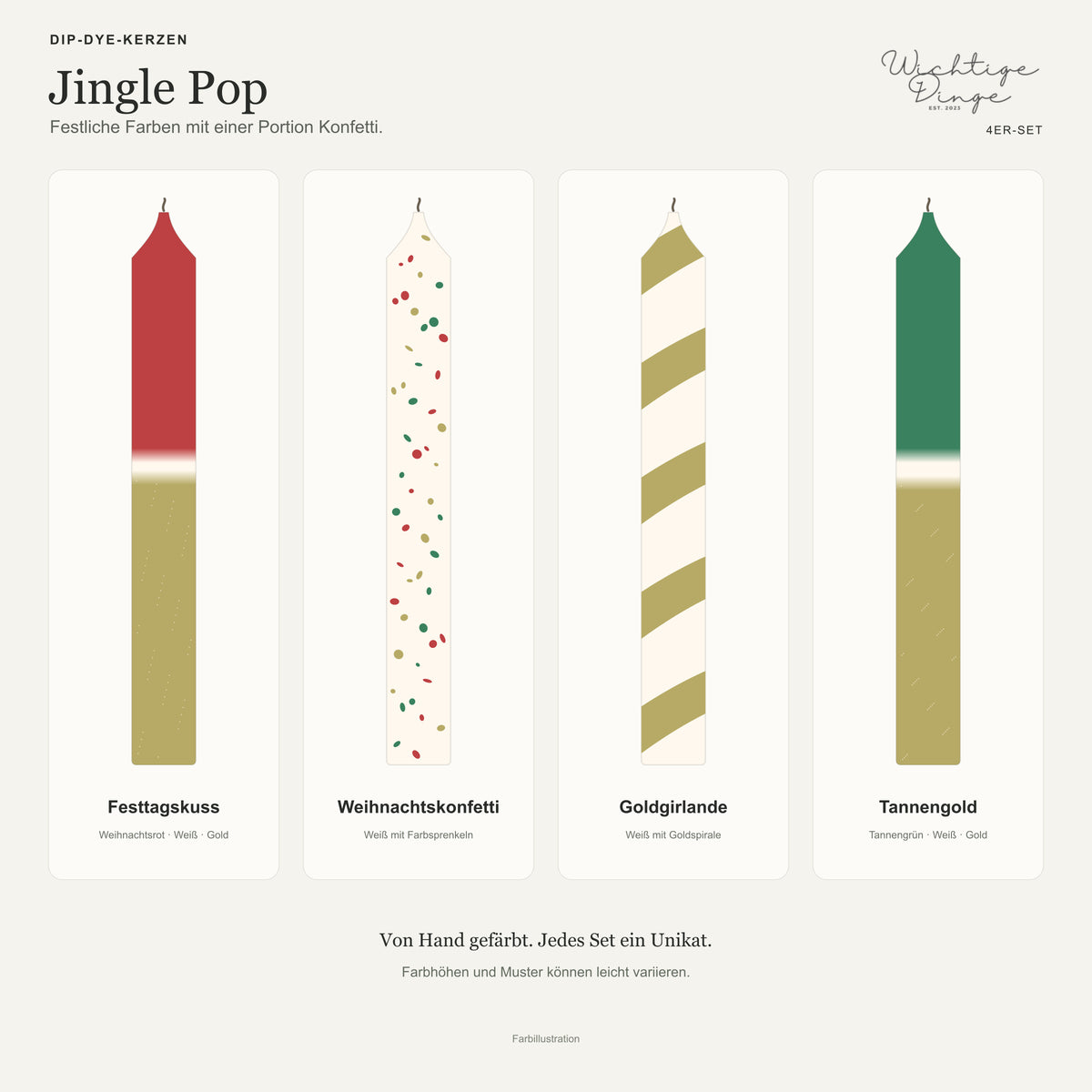 Jingle Pop – Designübersicht in der Reihenfolge Festtagskuss, Weihnachtskonfetti, Goldgirlande und Tannengold