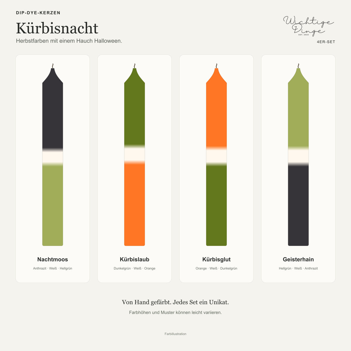 Kürbisnacht – Kundenübersicht: Nachtmoos, Kürbislaub, Kürbisglut, Geisterhain; Reihenfolge wie im Hauptfoto
