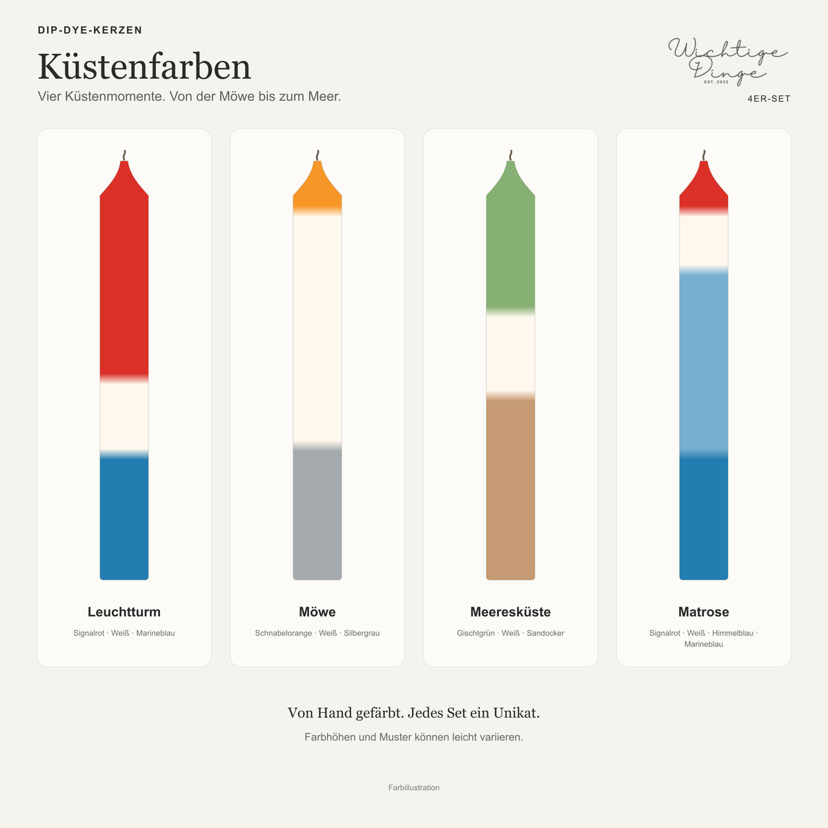 Küstenfarben – Farbillustration mit Logo: Leuchtturm, Möwe, Meeresküste und Matrose